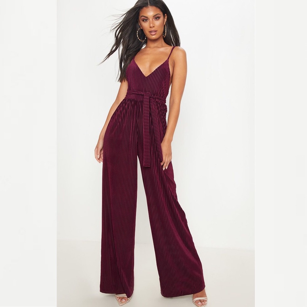Burgundy Striped Velvet Tie Waist Strappy Jumpsuit